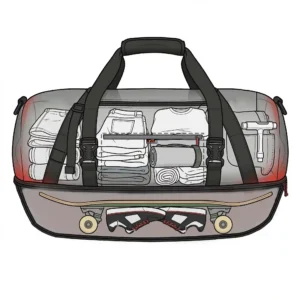 Przekrój produktu Torba podróżna na deskorolkę | Skate Duffel XL. W głównej komorze widać poukładane ubrania i klucz do kółek, a w dedykowanej dolnej komorze schowana jest deskorolka oraz buty.